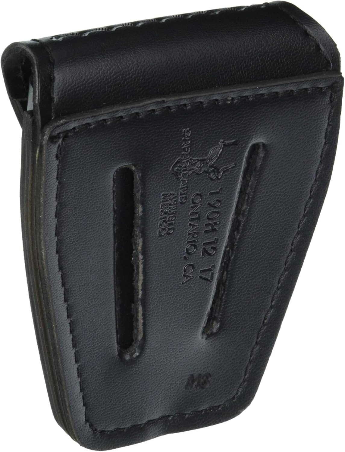 Black leather handcuff case with top flap and two slots on the front panel.