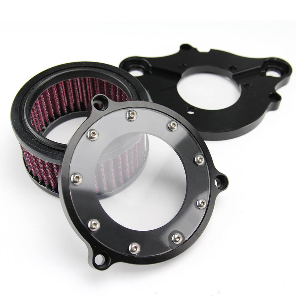 Black air cleaner intake filter cover plate with clear window and purple/red pleated ring