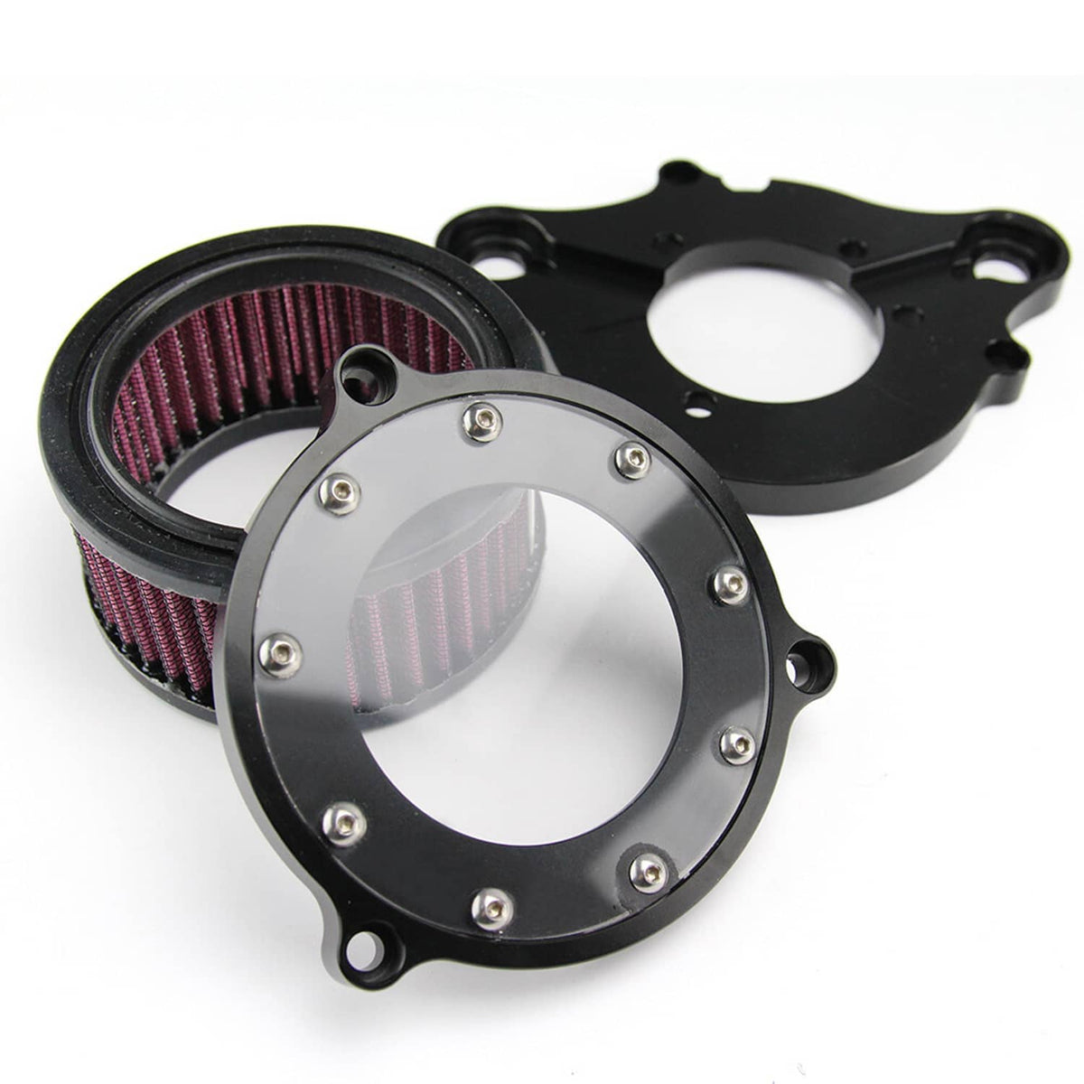 Black air cleaner intake filter cover plate with clear window and purple/red pleated ring