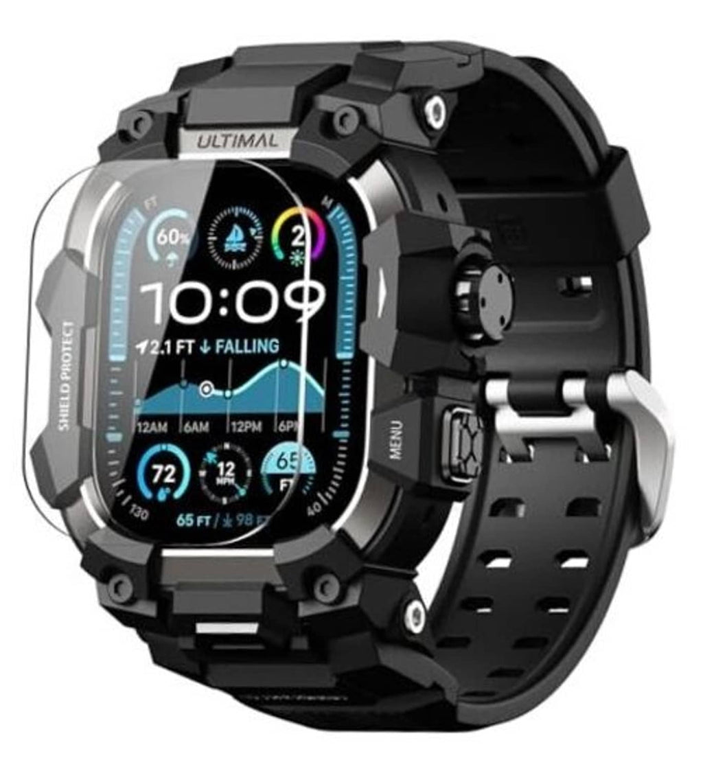 Black rugged Apple Watch case with band, clear screen cover and raised bezel