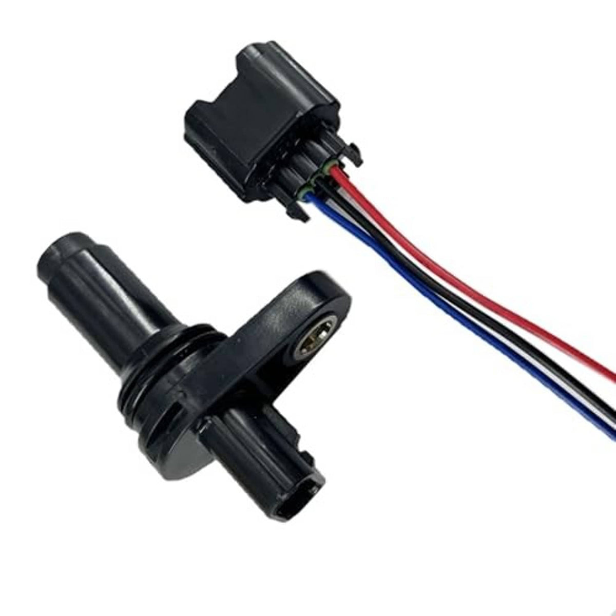 Black crankshaft position sensor with connector plug and blue/red wire pigtail