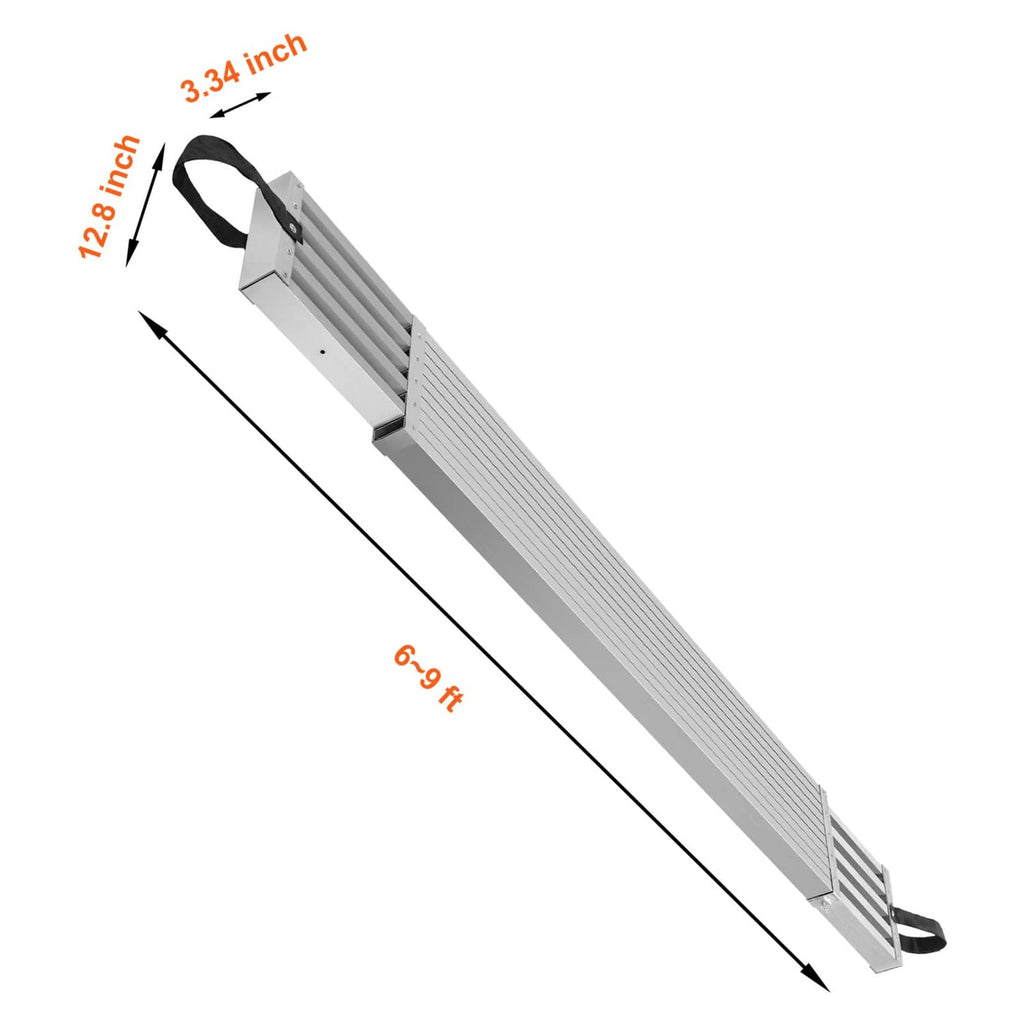 Telescoping aluminum scaffold plank with black strap handle and end support brackets