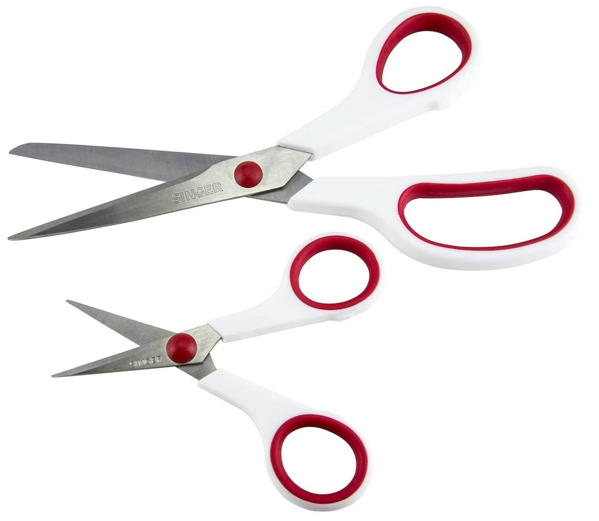 Two pointed Singer scissors with red finger loops and white handles, gray blades