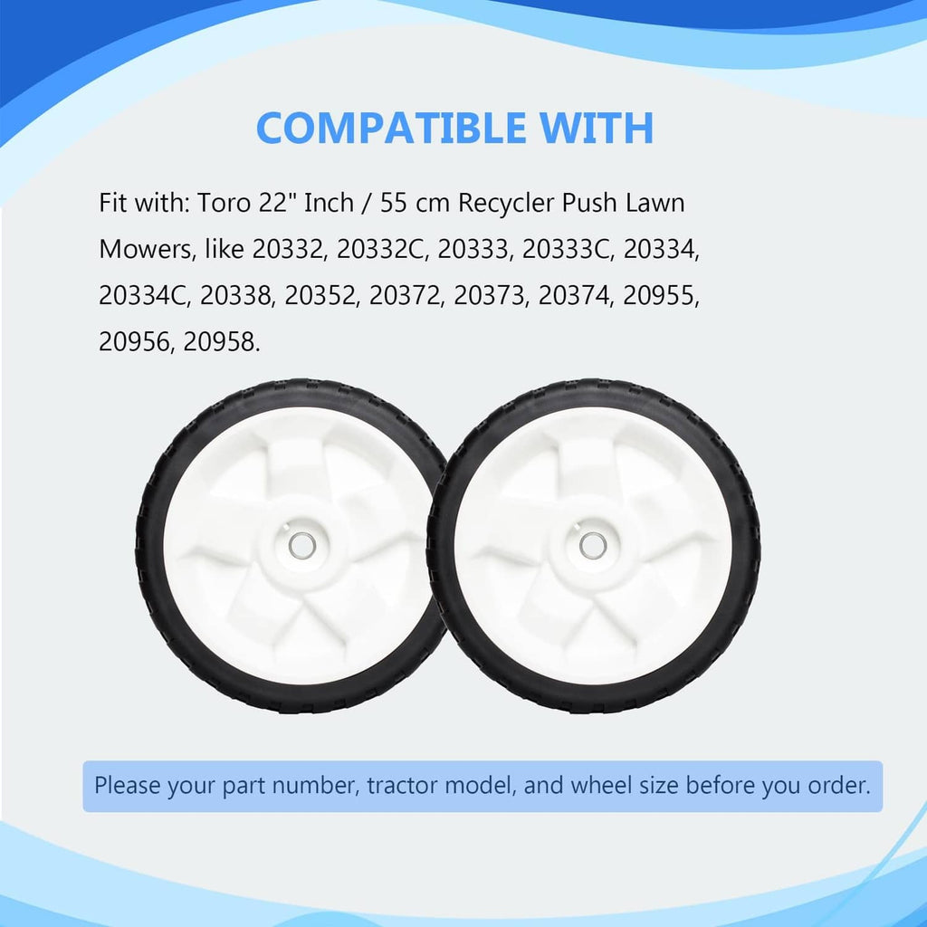 Two white-plastic hub lawn mower wheels with black rubber tires