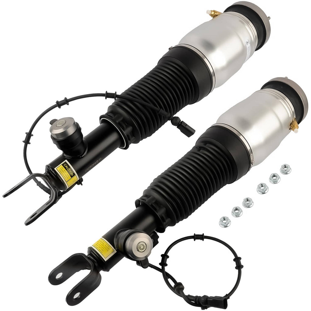 Pair of front air suspension struts with black bellows, silver reservoirs, and connected lines