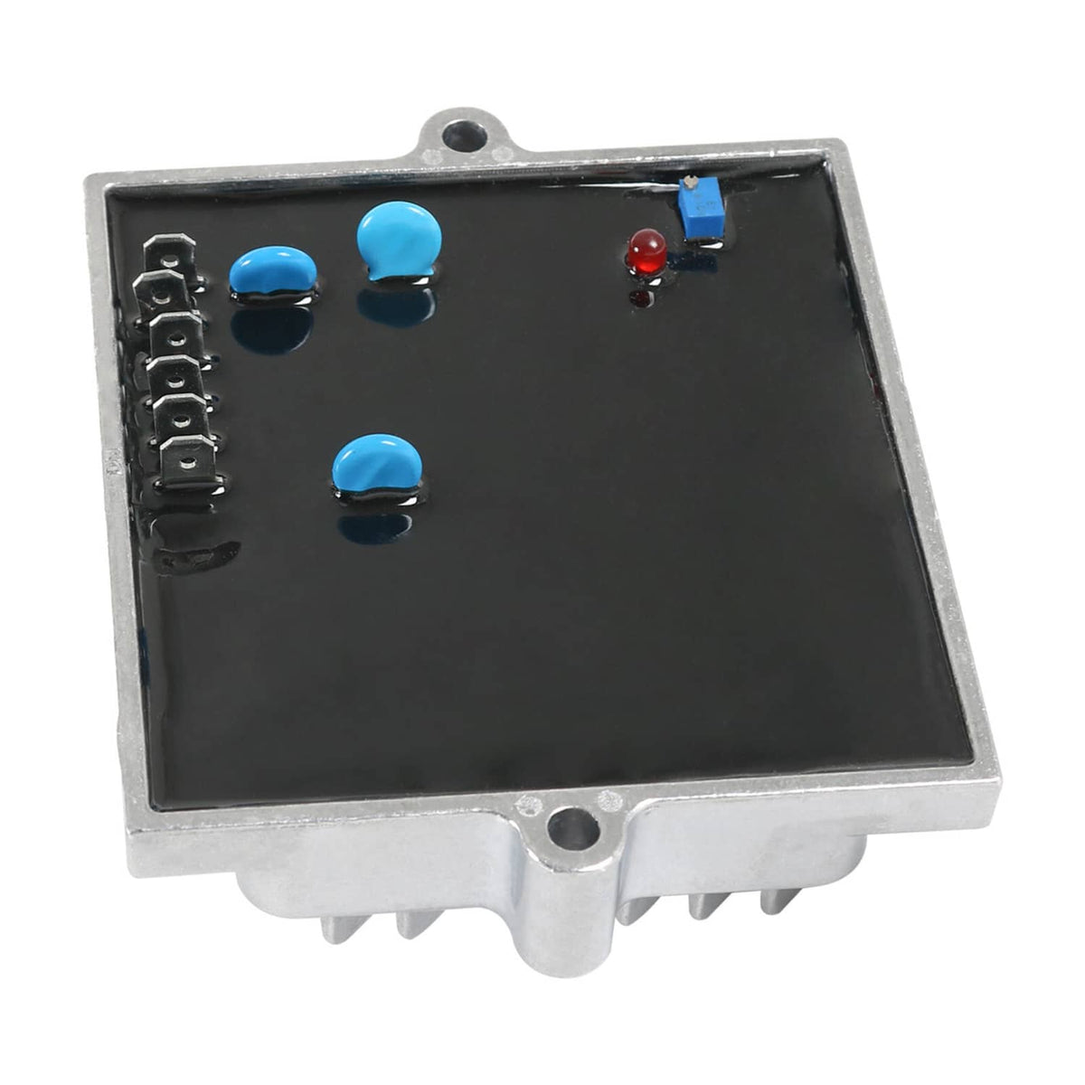 Voltage regulator PCB module with blue capacitors and black circuit board frame