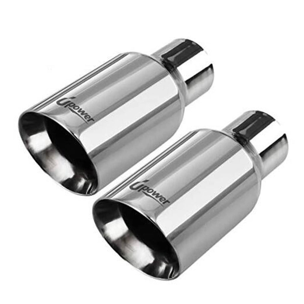 Pair of mirror-polished stainless exhaust tips with rolled edges and black outlet openings