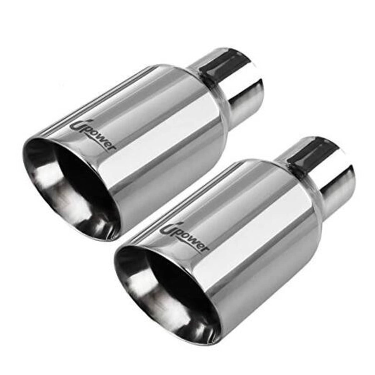 Pair of mirror-polished stainless exhaust tips with rolled edges and black outlet openings