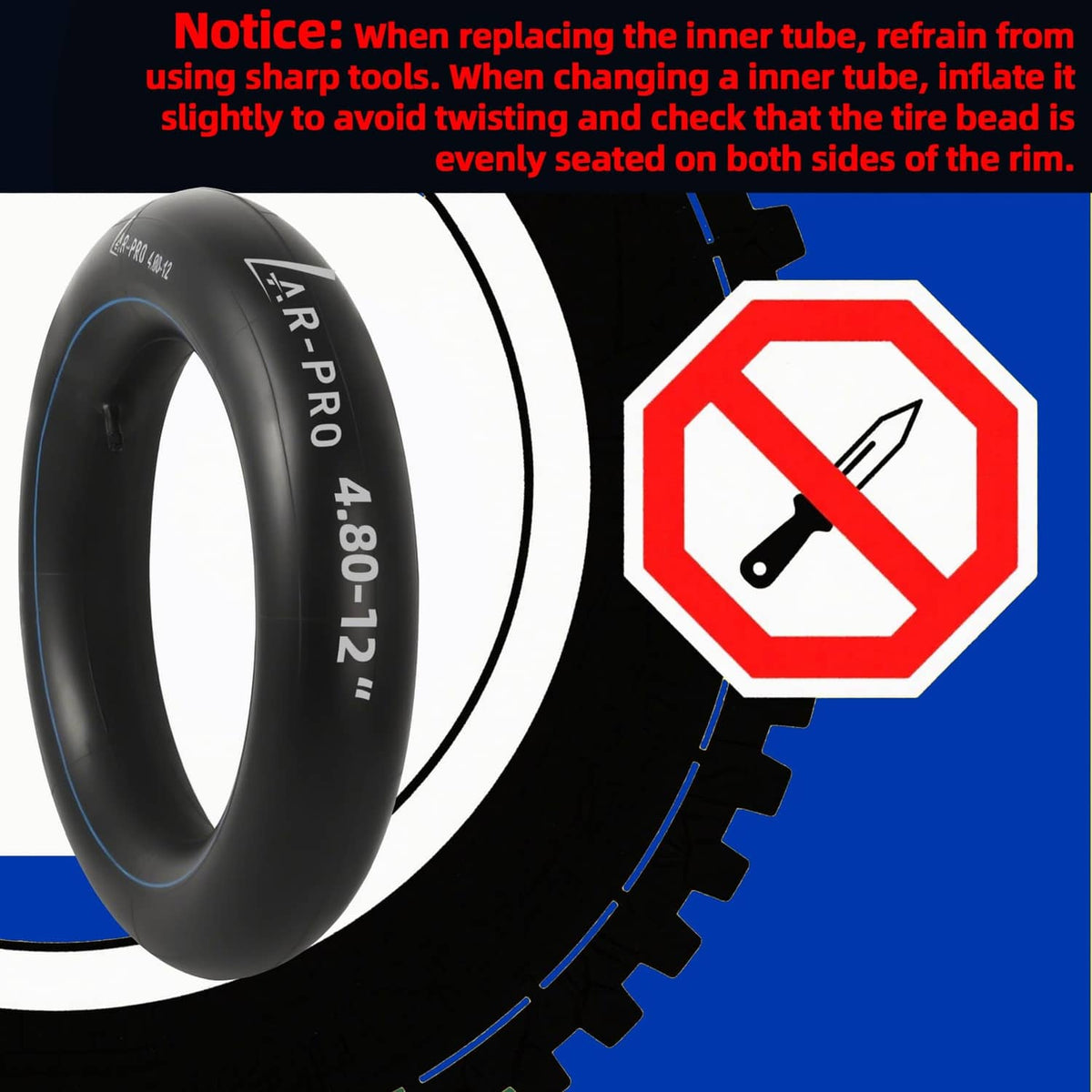 AR-PRO 4.80-12 inner tube for secure, even seating on both sides of the rim