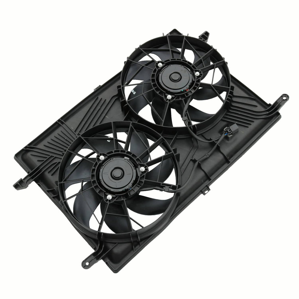 Dual radiator cooling fan assembly with two black fans and triangular mounting corners