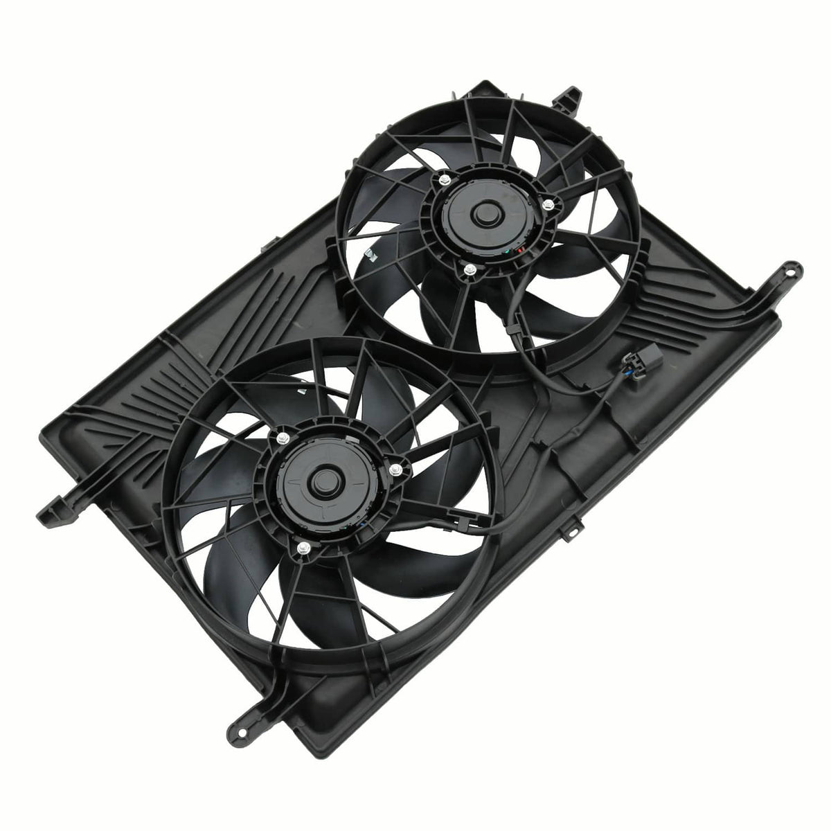 Dual radiator cooling fan assembly with two black fans and triangular mounting corners