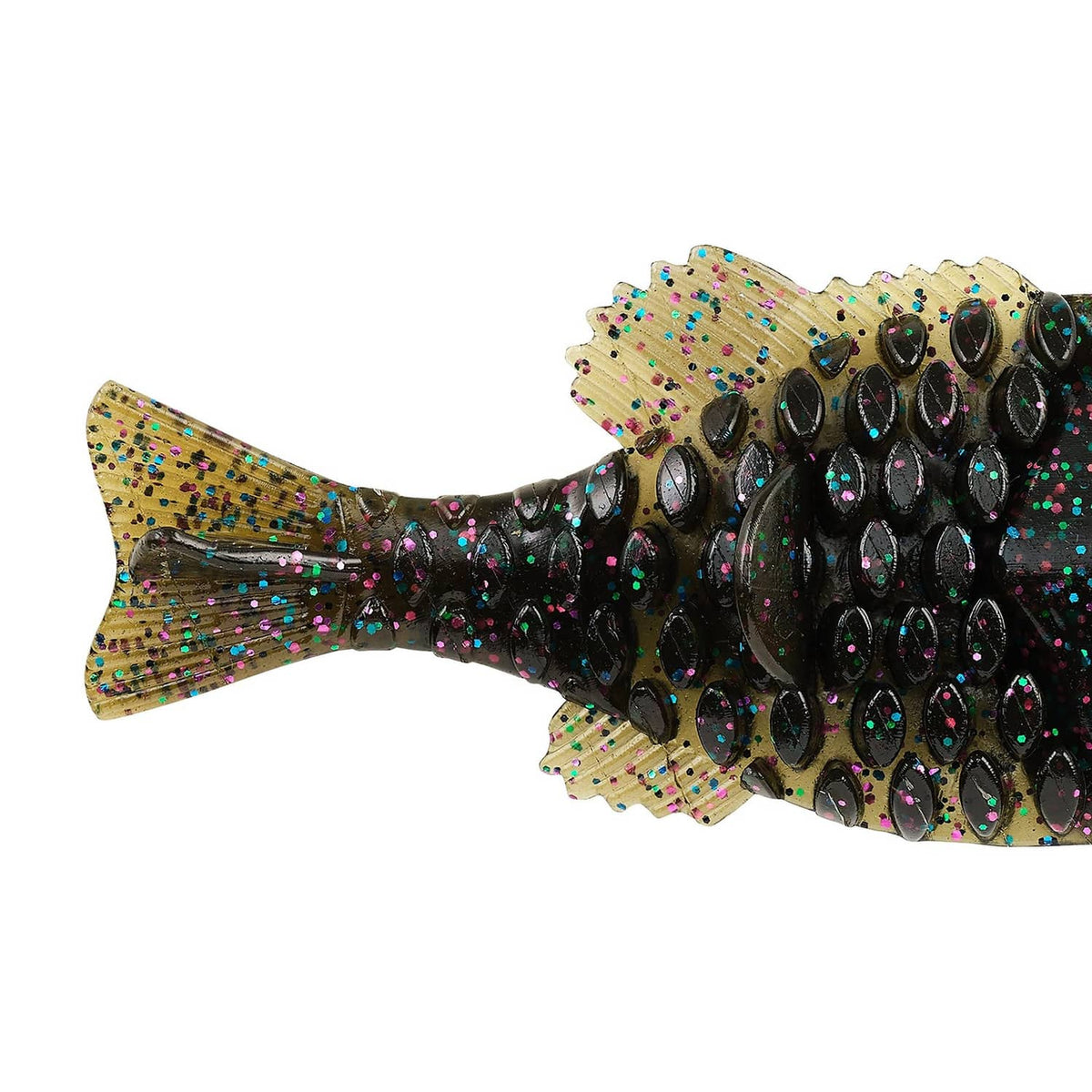 Soft plastic fishing bait, dark body with gold speckles and glitter, split tail