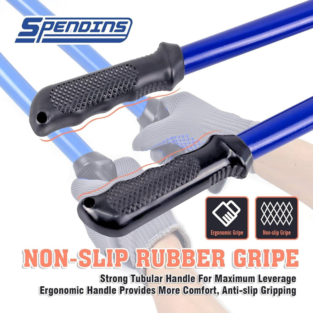 Wire rope cutter with non-slip rubber grip handles for high leverage, close-up.
