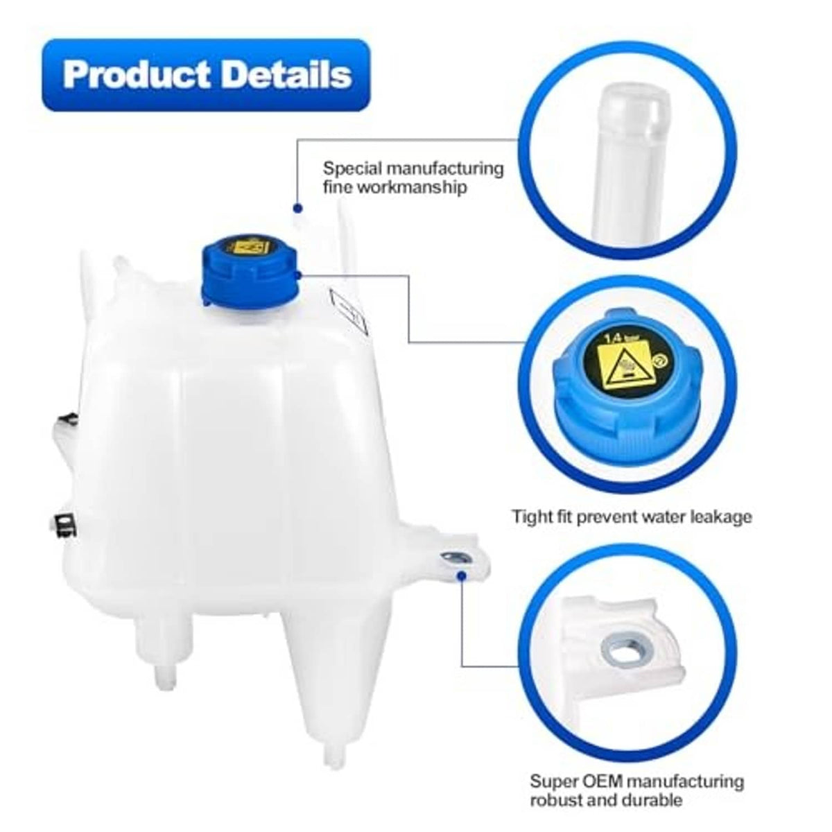 White coolant reservoir tank with blue cap, detail views of cap and ports