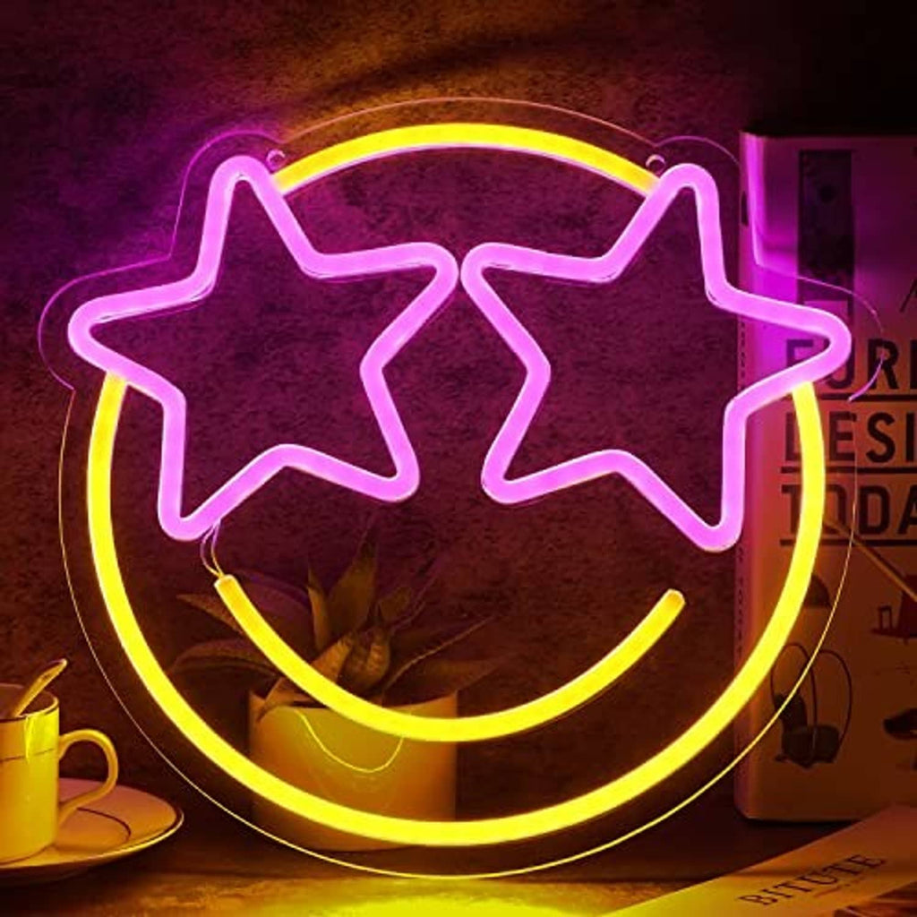 LED neon smiley face with two purple stars, yellow ring, bright multicolor glow