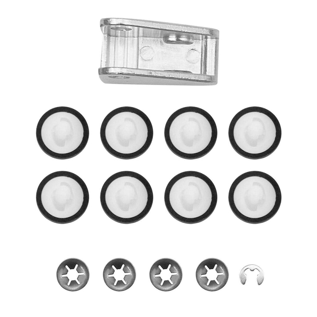 Door handle rebuild kit with clear lens piece, white grommets, and star screws