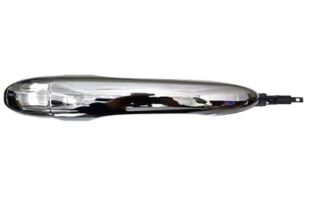 Automotive exterior door handle with chrome finish and clear lens, angled side view