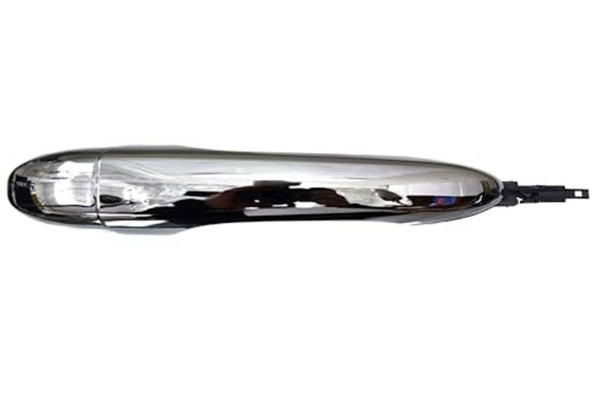 Automotive exterior door handle with chrome finish and clear lens, angled side view