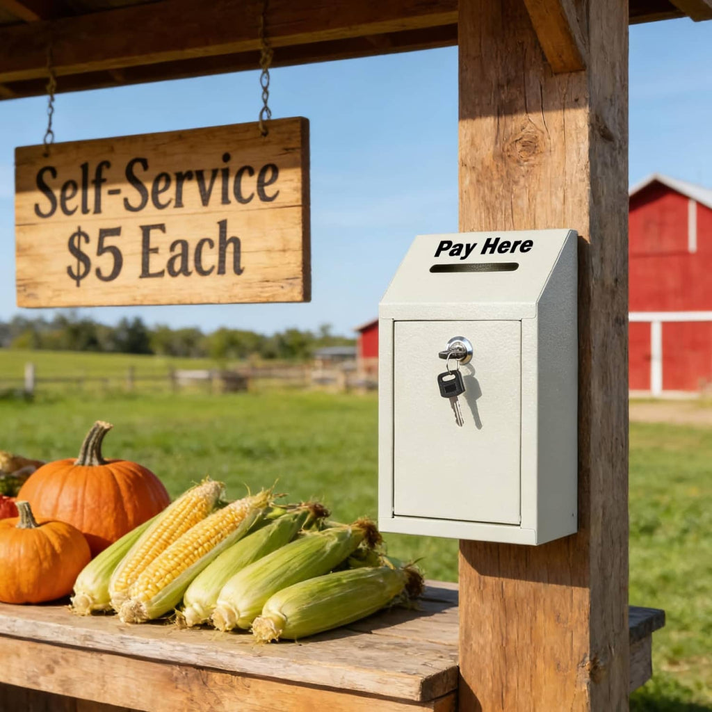 White locked cash drop box mounted on wooden post with key and deposit slot