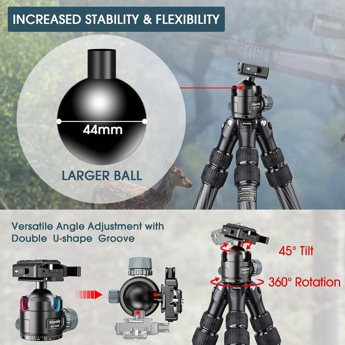 Carbon fiber tripod with 44mm ball head for large-angle tilting and smooth rotation