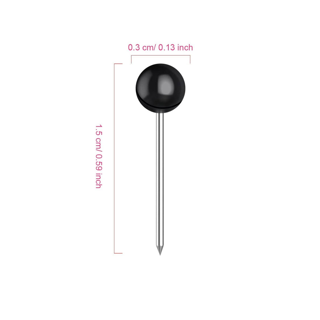 Black map push pin with round head and metal needle; 0.13 in length shown.