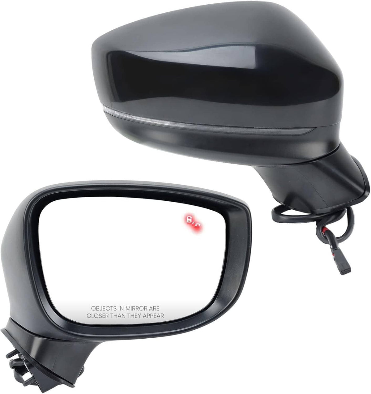 Black passenger side mirror with blind spot indicator and integrated turn signal