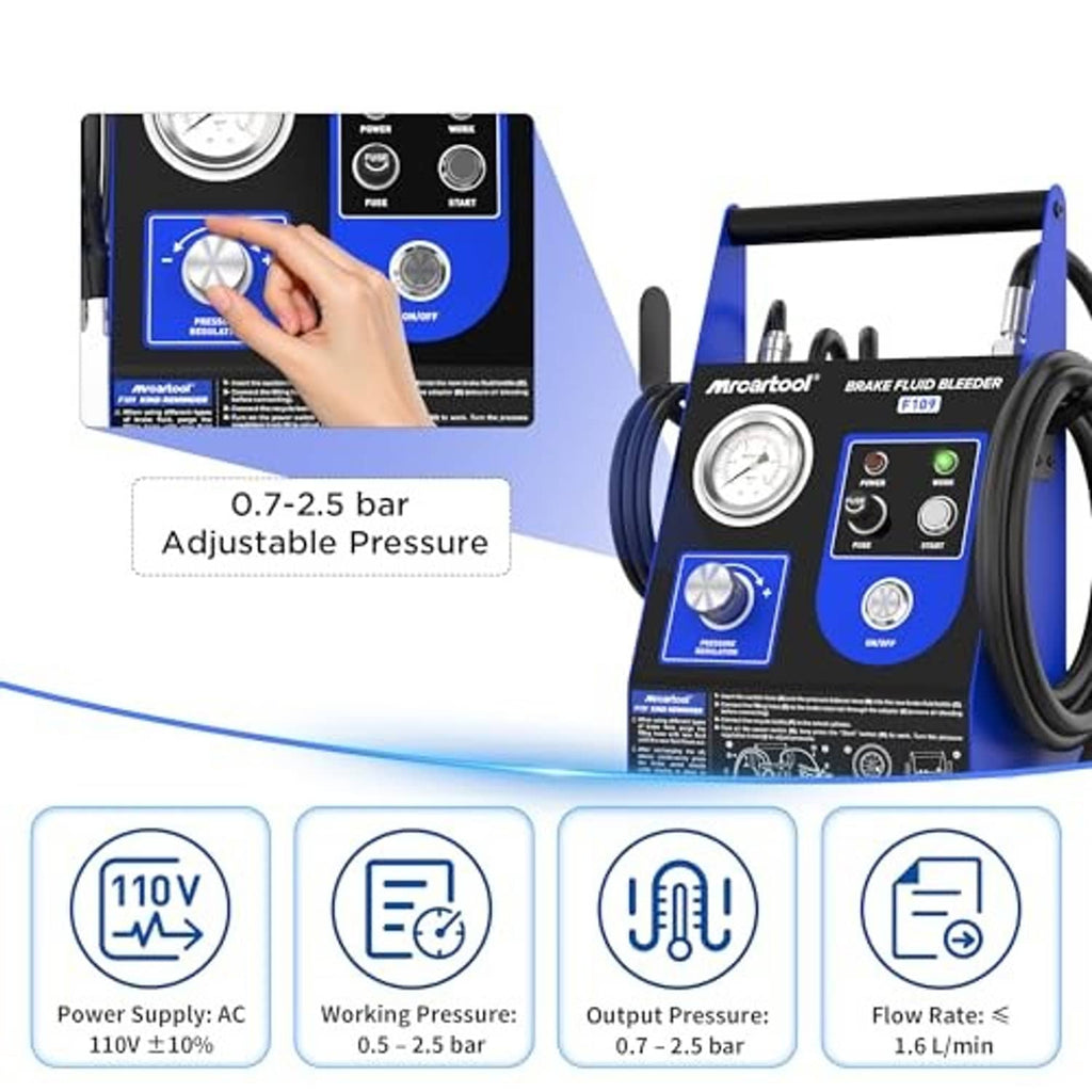 Electric brake bleeder kit with control buttons, pressure gauge, and power supply label