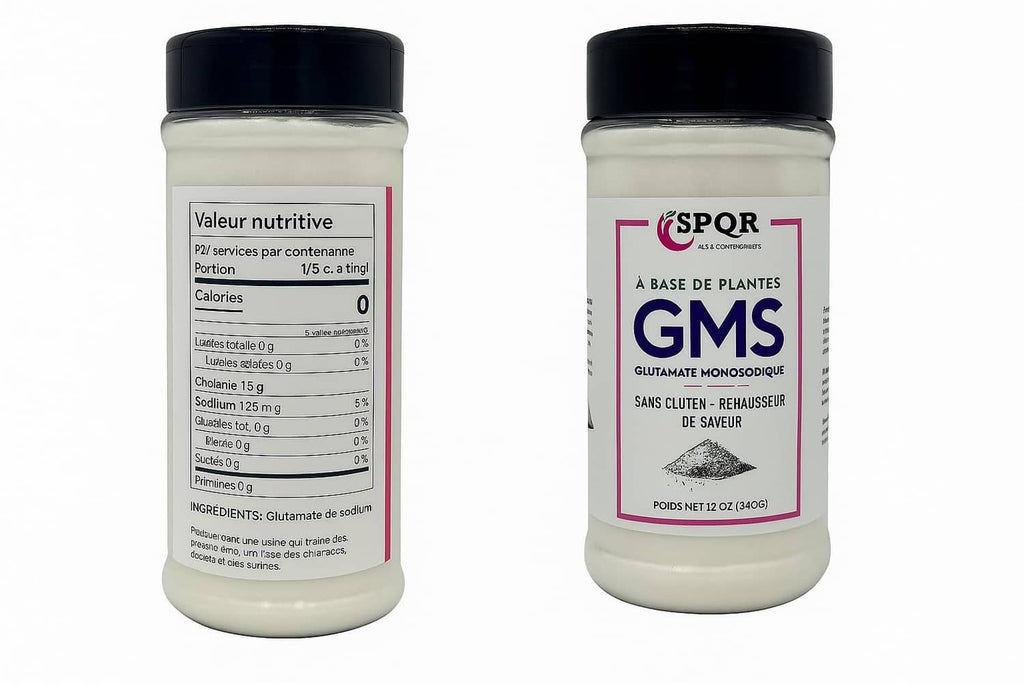 Plant-based MSG seasoning bottles, front and nutrition label views, both with black lids.