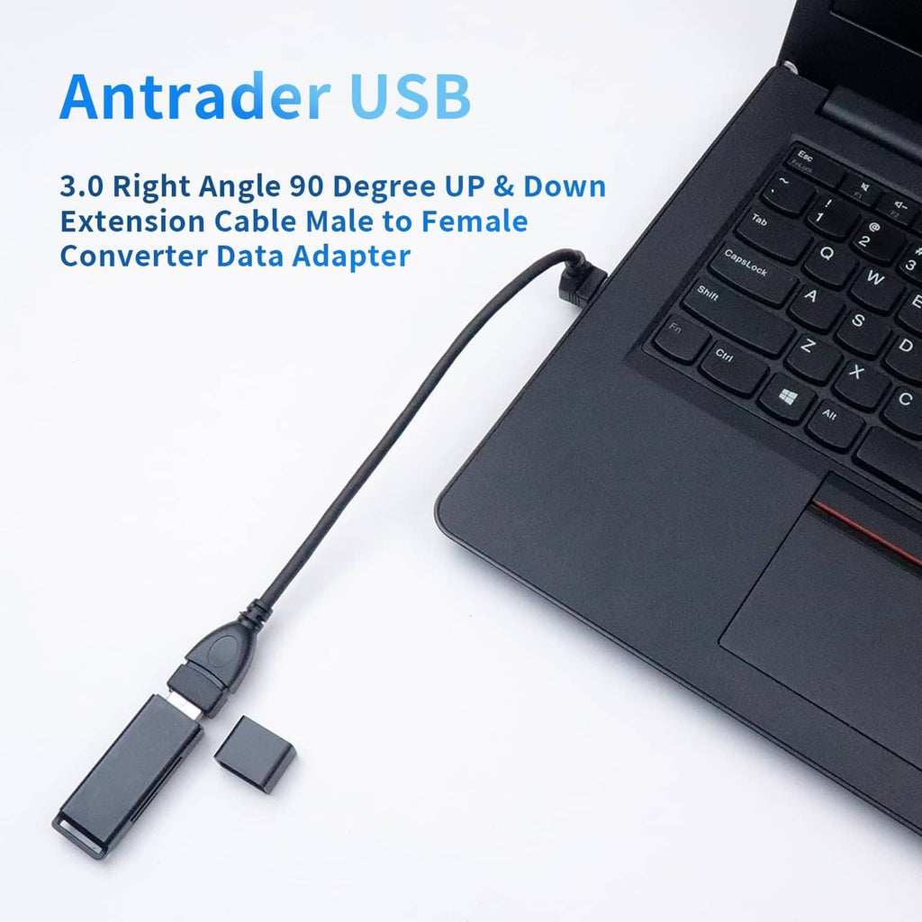 USB 3.0 90-degree up/down extension cable with USB-A male plug and dual USB-A ports.