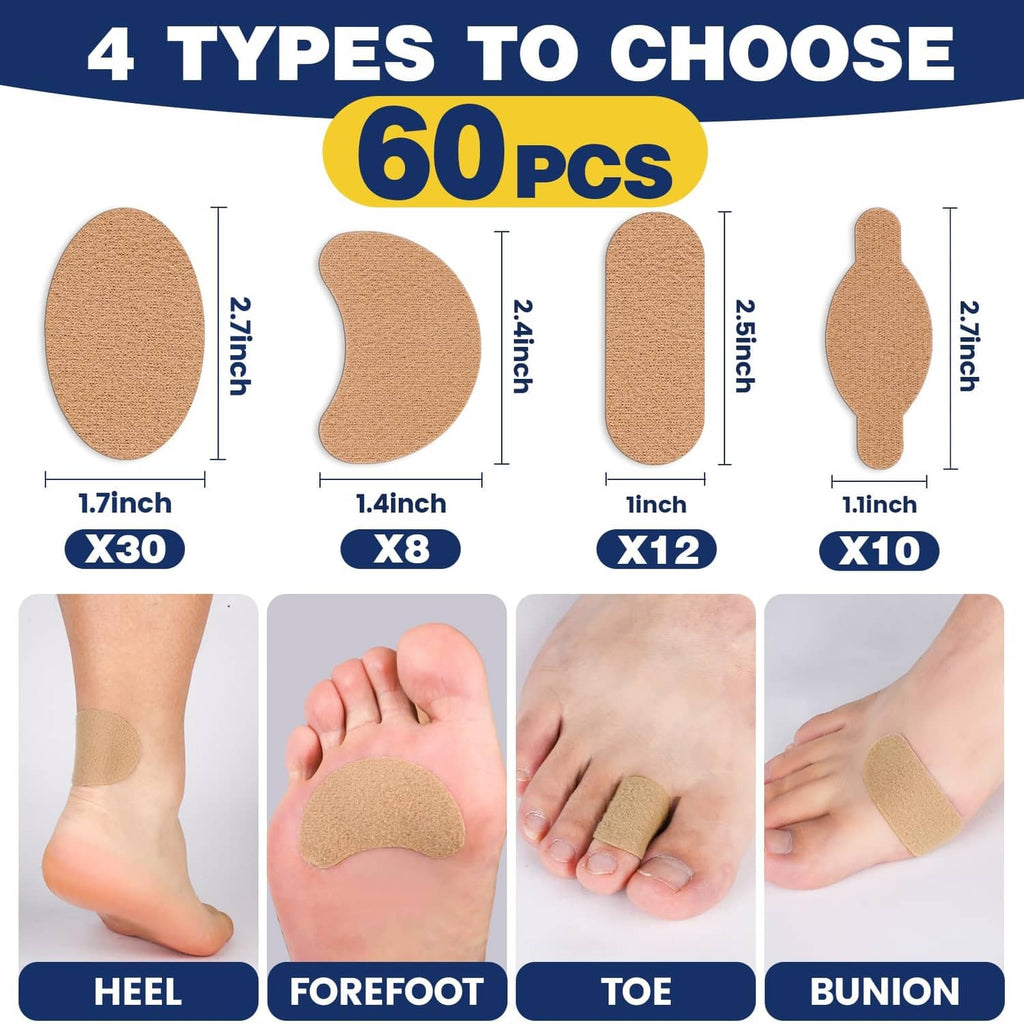 Beige moleskin adhesive padding strips in multiple sizes for heel, forefoot, toe, bunion