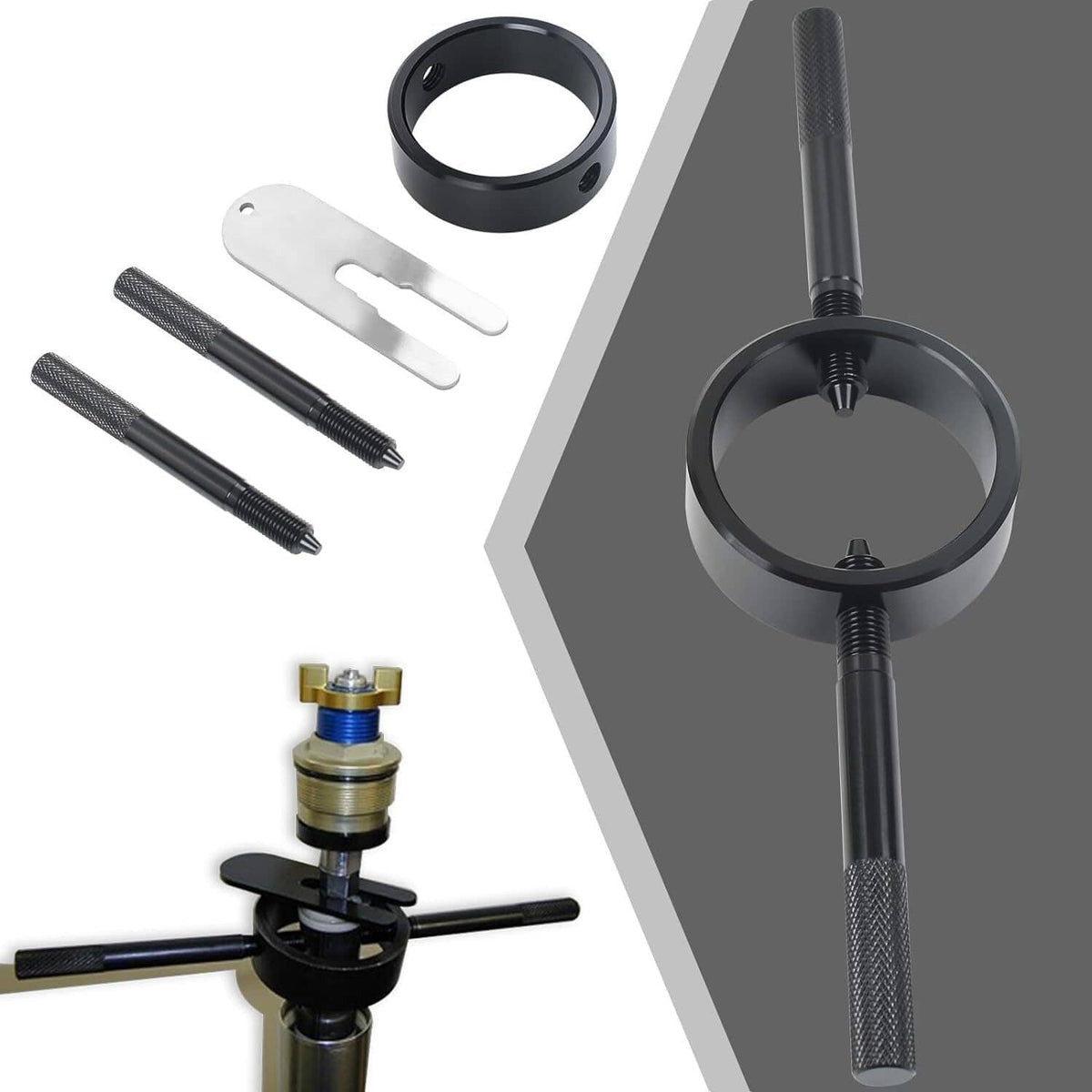 Fork spring compressor kit with black clamp ring, textured handle, and silver plates plus bolts