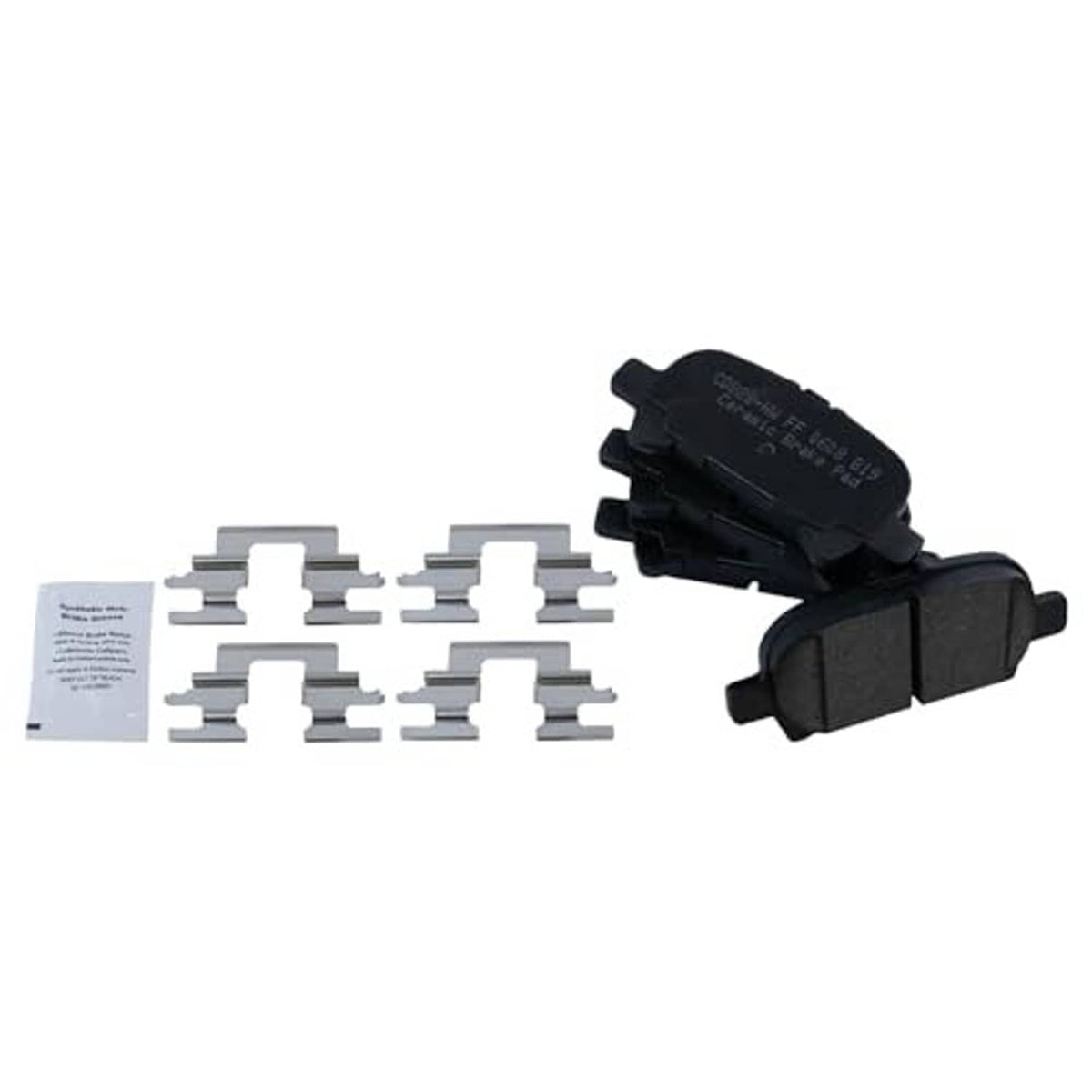 Ceramic brake pads with backing plates, clips, and included documents