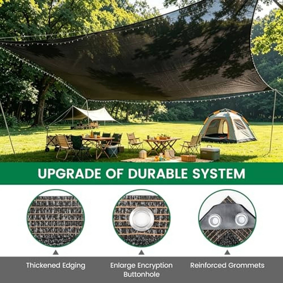Black outdoor shade cloth stretched over a frame, reinforced edge with grommets.