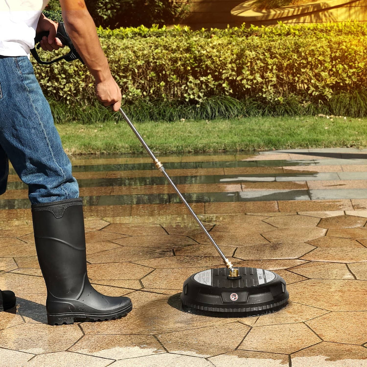 4-wheel black plastic surface cleaner on paver patio with handle