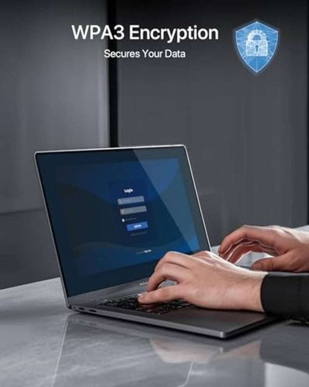 WiFi 6E USB adapter enabling secure laptop connection, WPA-style lock over screen