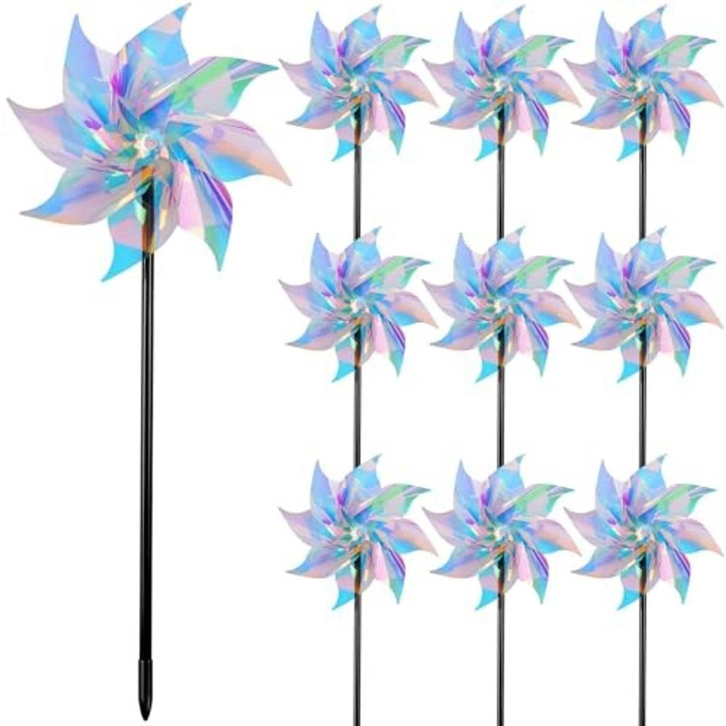 Set of reflective rainbow pinwheel wind spinners on long black stakes