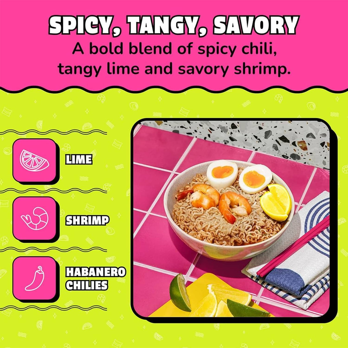 Maruchan lime chili shrimp ramen noodle soup flavor panel with bowl photo
