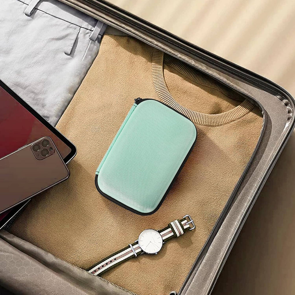 Mint hard travel case with black edging, closed zipper style
