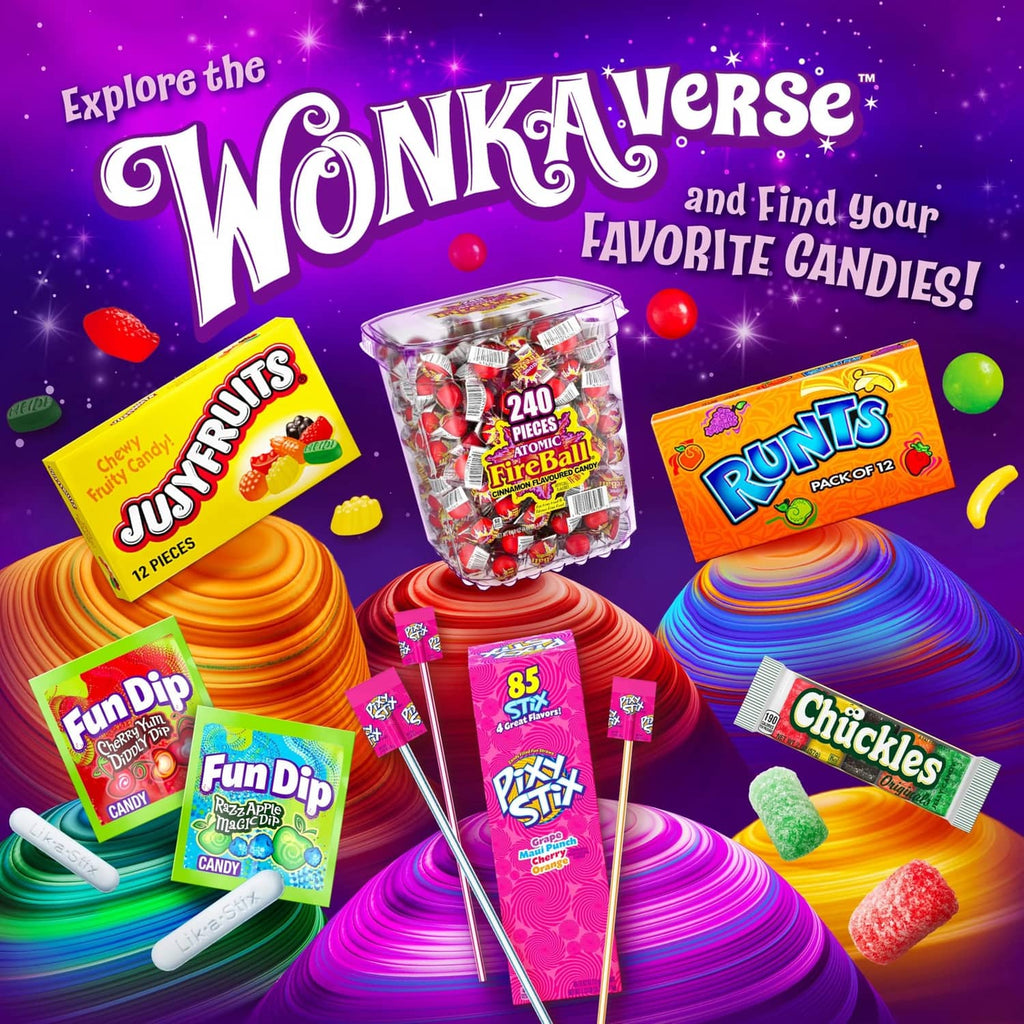 Wonka candy assortment display with multiple colorful packaged candies