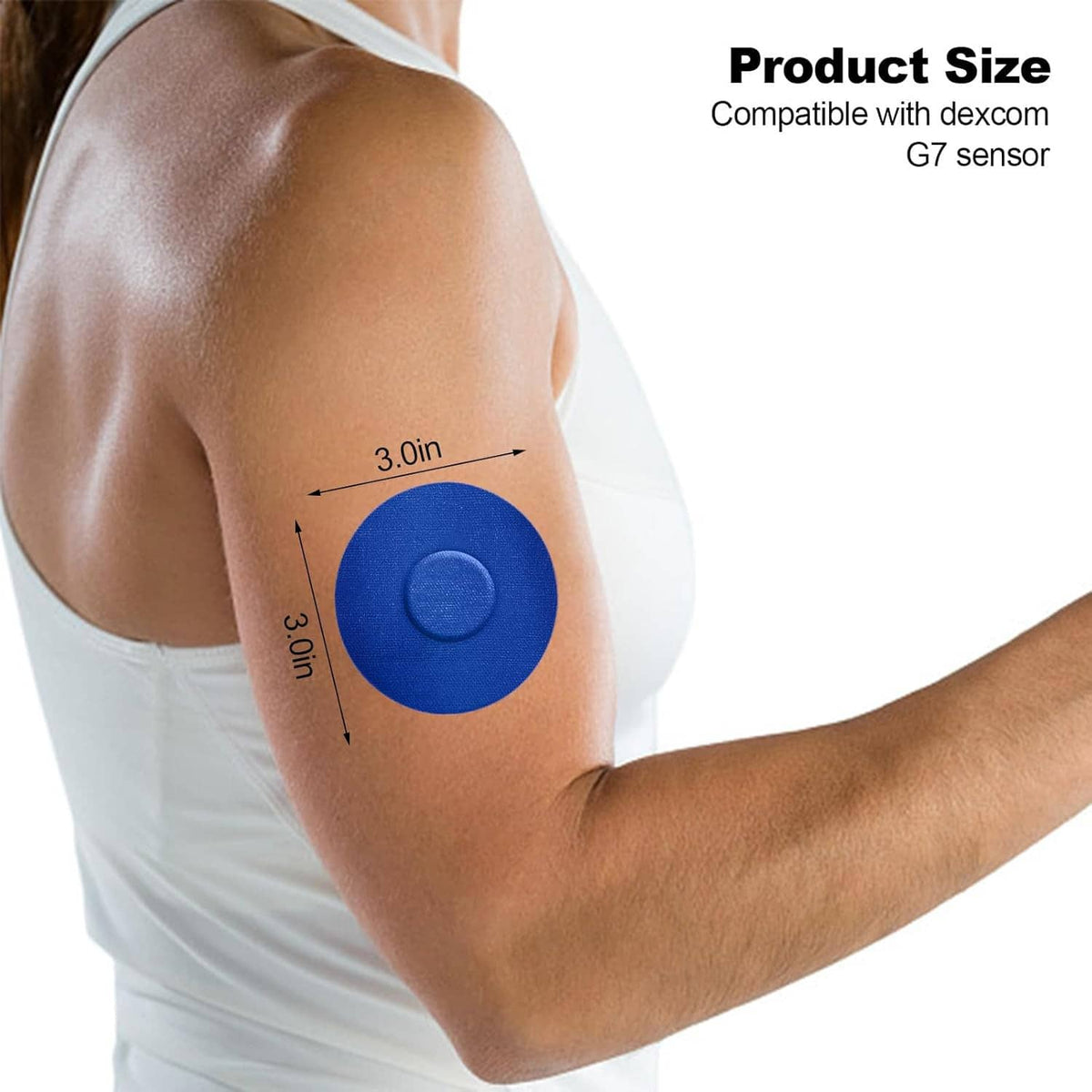 Blue round adhesive patch applied on upper arm