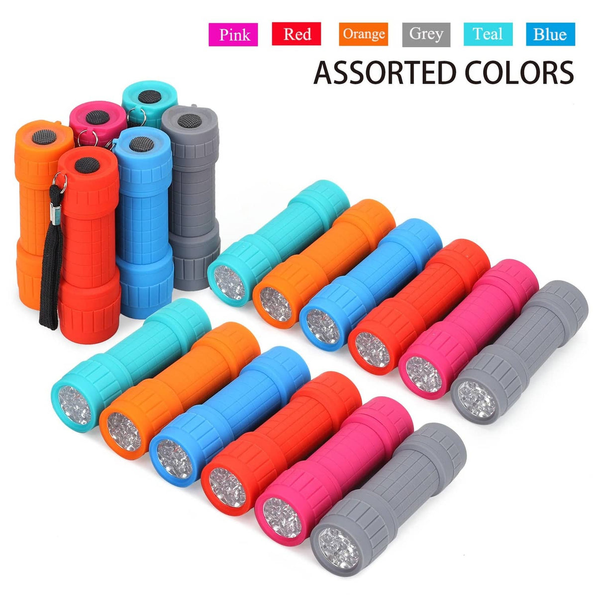 Assorted LED mini flashlights with teal, orange, blue, pink, and gray bodies