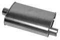 Universal exhaust muffler with 2.5 in inlet pipe, brushed metal cylindrical body