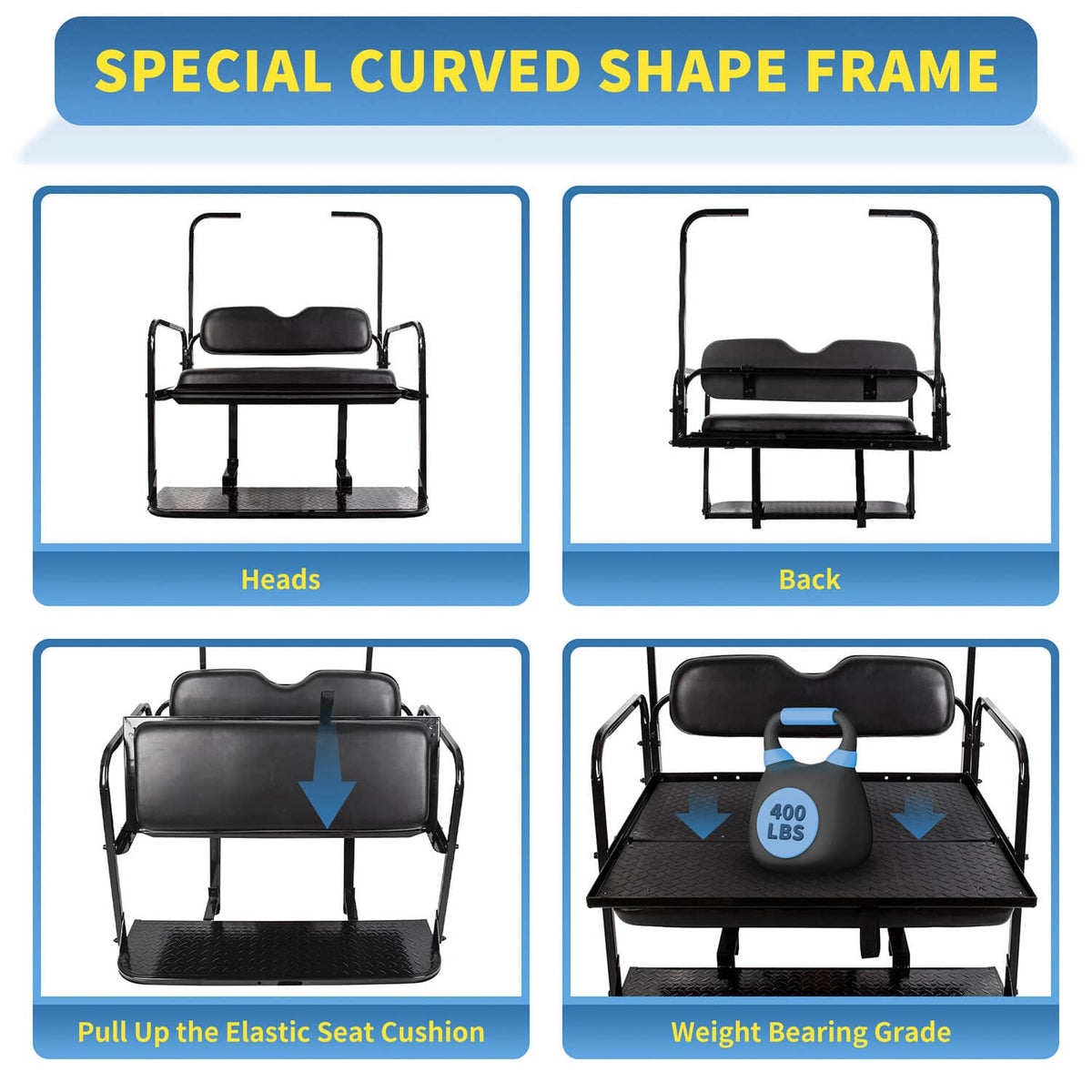 Folding rear seat cushion pad with curved frame and roof support for golf cart
