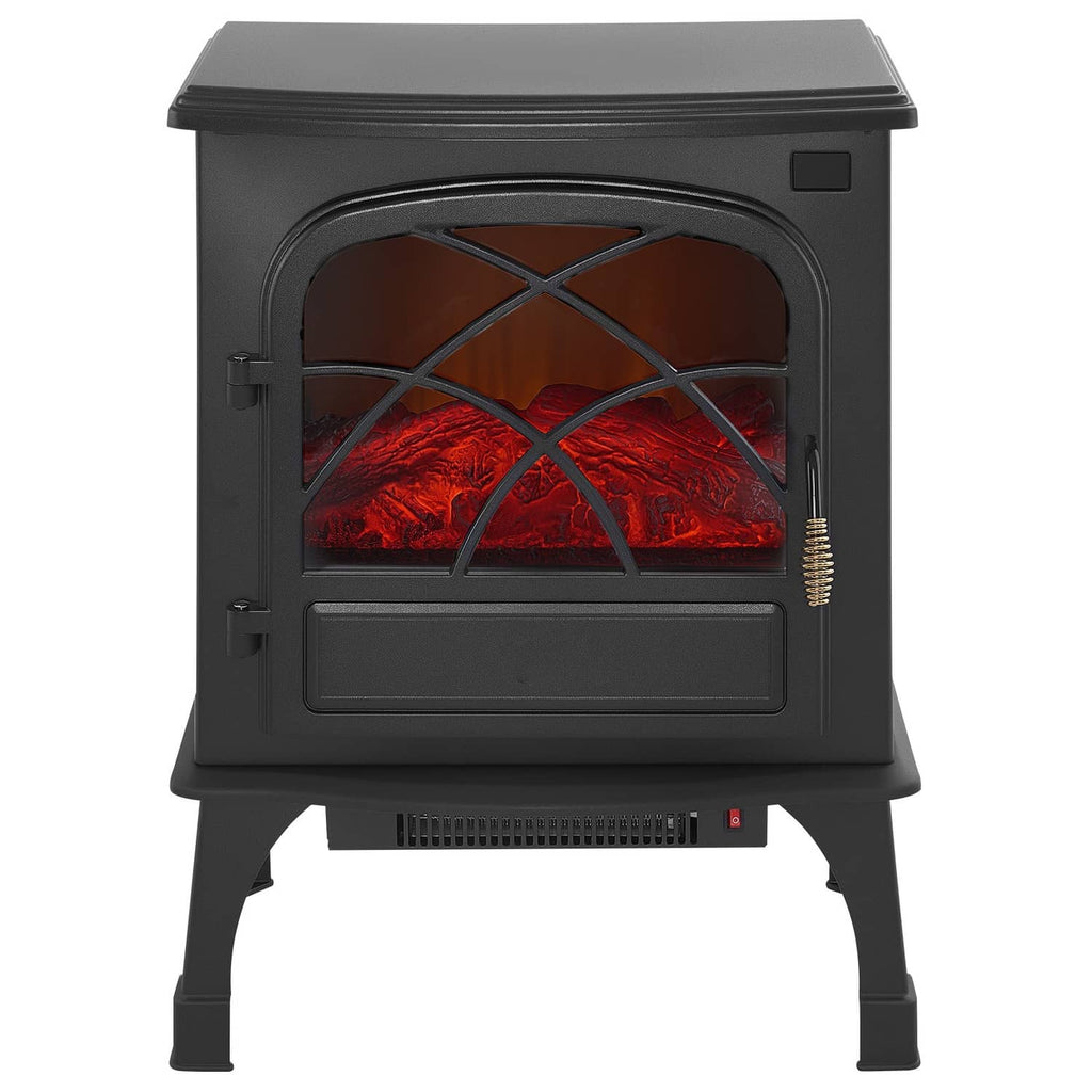 Black freestanding electric fireplace heater with arched glass front and glowing red flames