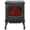 Black freestanding electric fireplace heater with arched glass front and glowing red flames