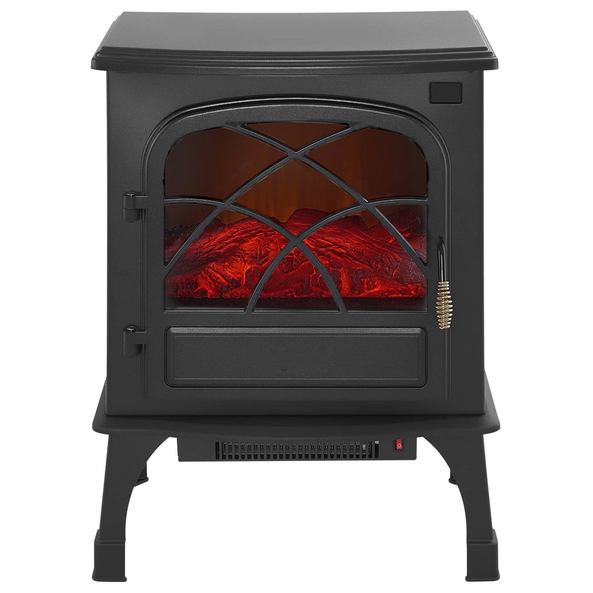 Black freestanding electric fireplace heater with arched glass front and glowing red flames