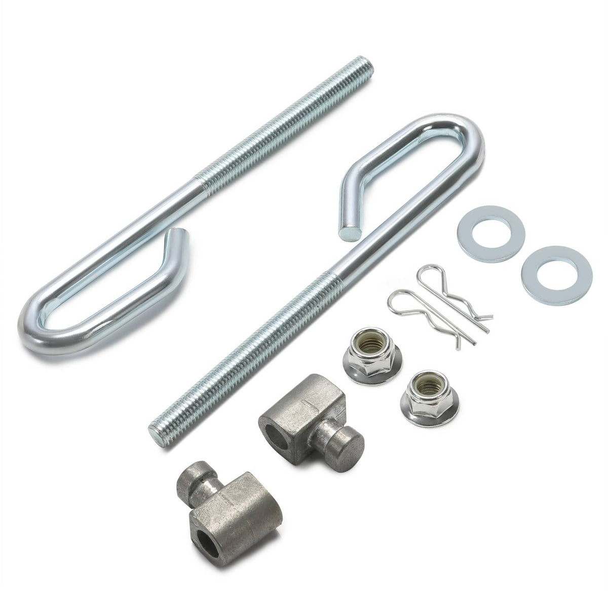 Deck lift bolt kit: two U-bolts, nuts, washers, cotter pins, and two clamp brackets