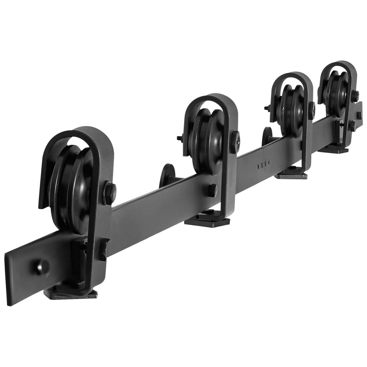 Black barn door track hardware kit with roller wheels and mounting brackets on rail