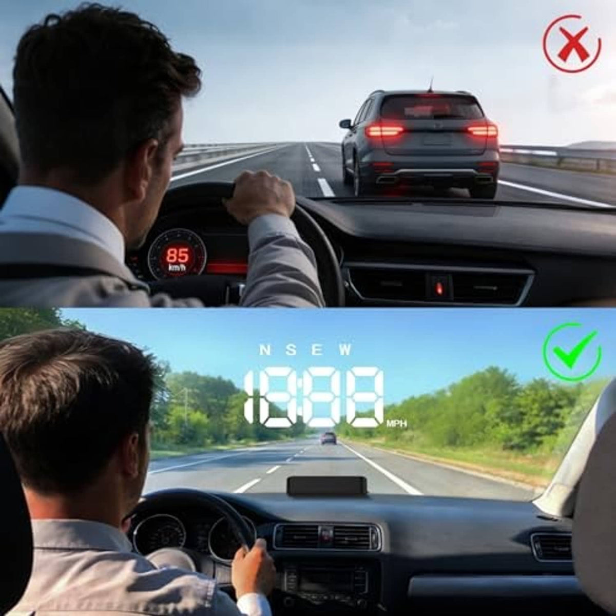 Car driving scene with heads-up display projecting speed readout on the windshield