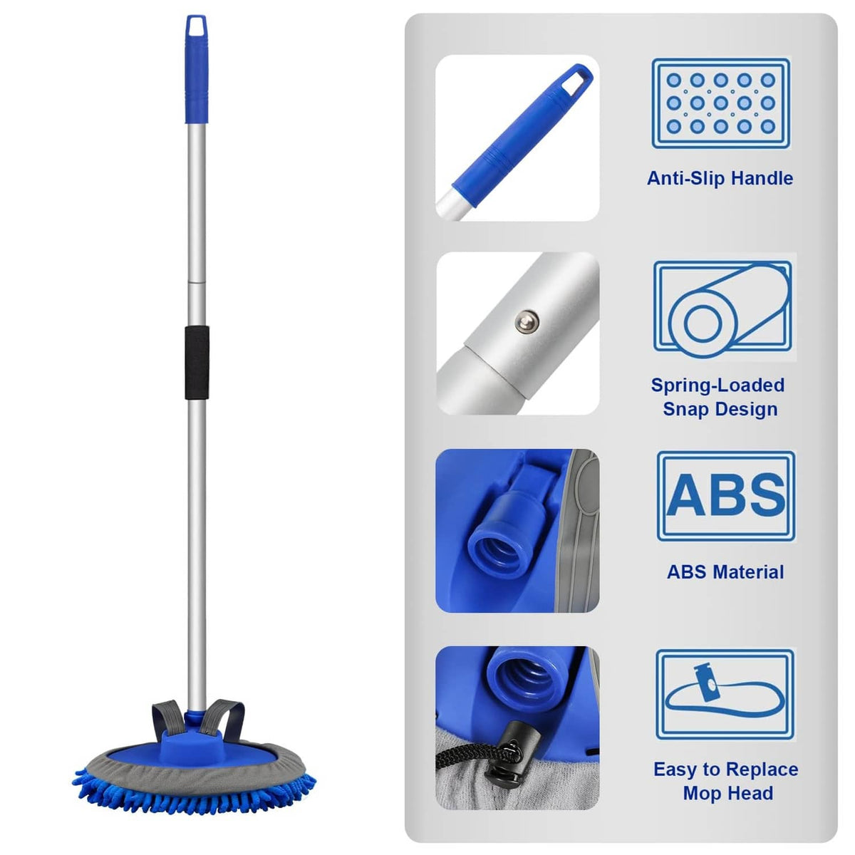 Blue long-handled microfiber car wash brush with snap-on design and ABS parts